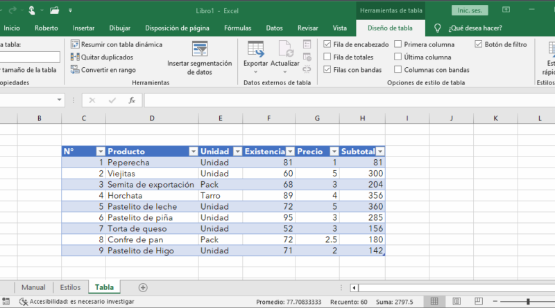 Tabla de datos en Excel